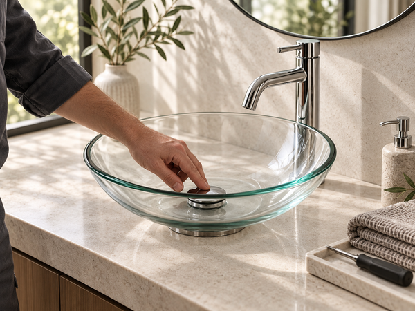 Installer checking the drain of a clear glass vessel sink supported on a mounting ring above a stone vanity.