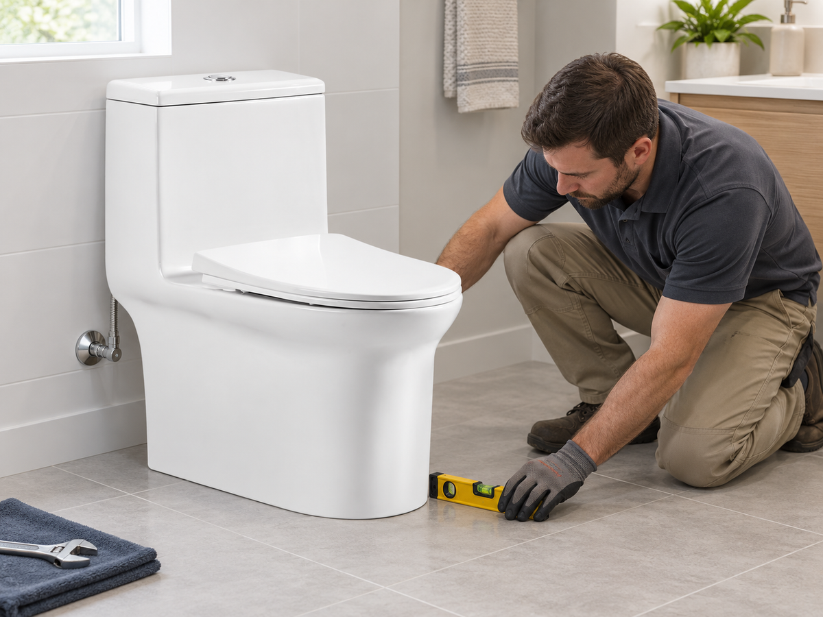 Installer checking the base alignment of a fully supported white one-piece toilet on a dry tiled bathroom floor.