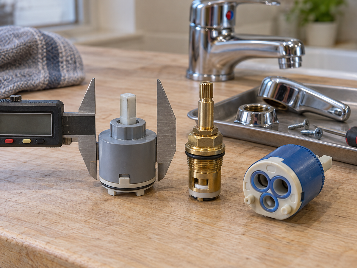Different faucet cartridges with visible stem and base features on a service bench, with caliper checking the main body diameter.