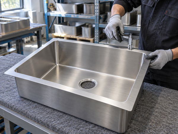 Technician checking a stainless steel sink flange with a caliper at a clean quality-control workstation.