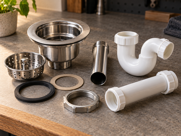 Kitchen drain components arranged on a workbench: basket strainer, sealing washers, locknut, tailpiece, P-trap and trap arm.