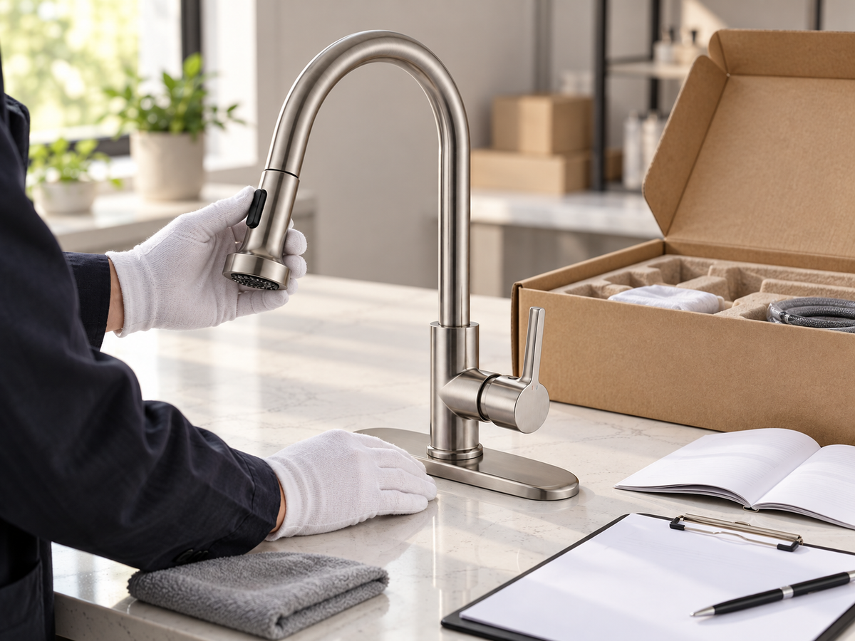 Pull-down faucet and deck plate undergoing sample and packaging approval for a private-label program.