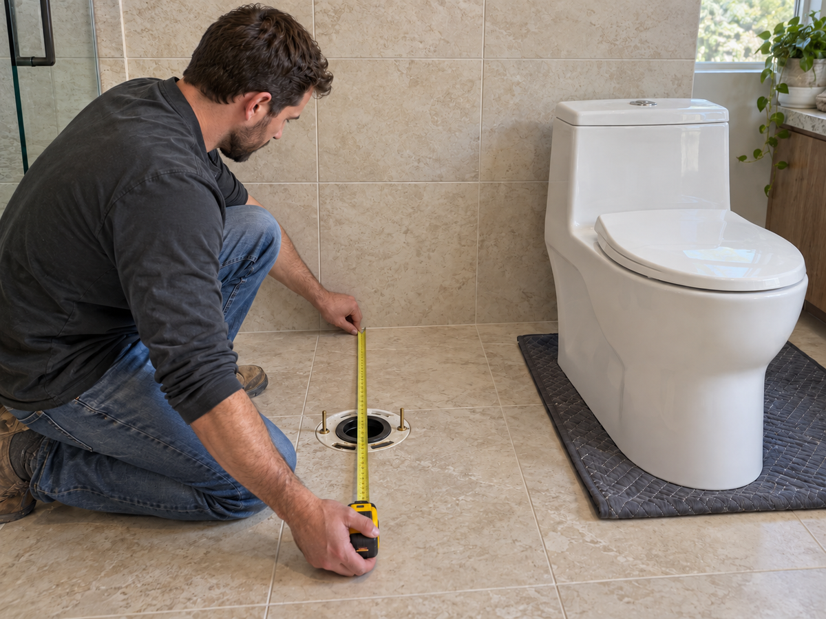 Installer measuring from the finished wall to an exposed closet flange beside a one-piece toilet set aside for installation.