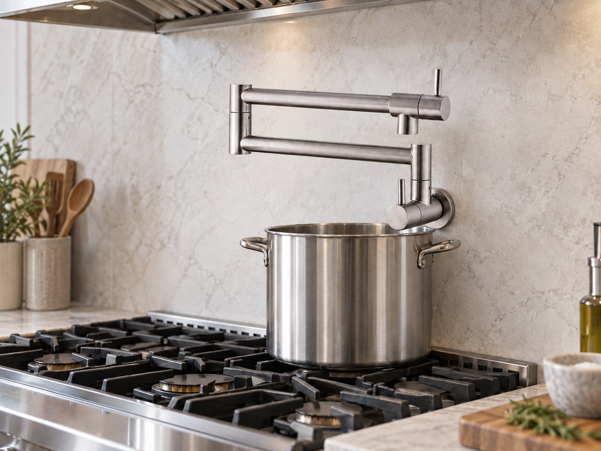 Brushed stainless-look wall-mounted pot filler with a double-jointed arm above a stockpot on a kitchen cooktop.