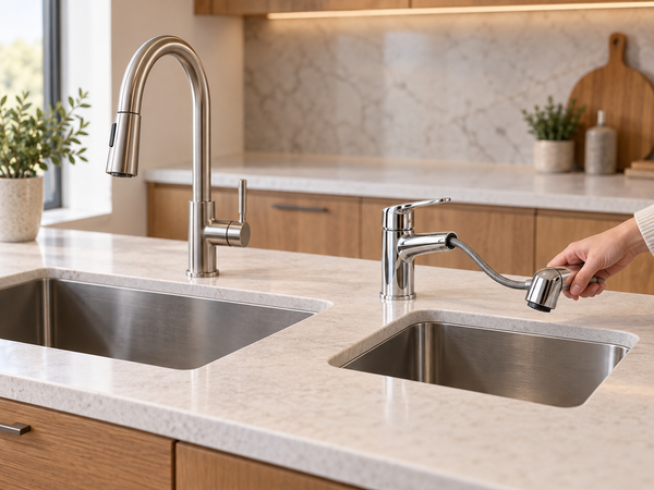 Tall pull-down and low-profile pull-out kitchen faucets above separate sink stations in one showroom kitchen.