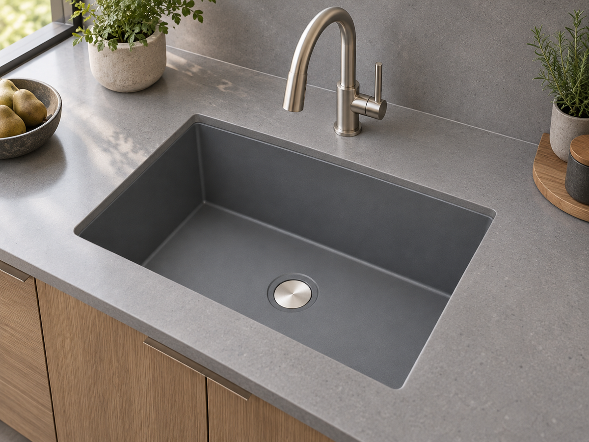 Charcoal quartz-composite single-bowl sink bonded beneath a coordinated grey quartz counter with a visible edge joint.