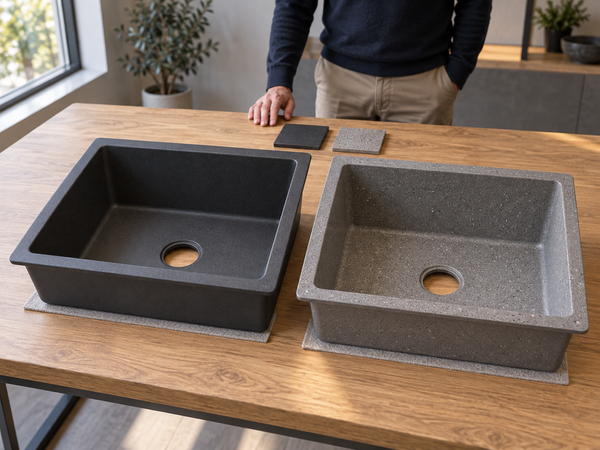 Two composite sink samples with uniform charcoal and speckled gray finishes on a material review table.