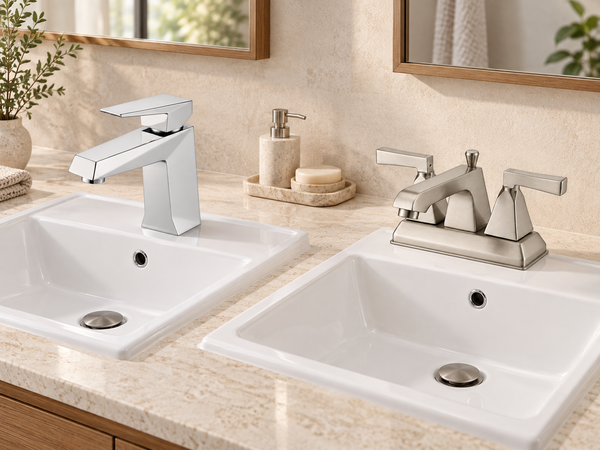 Single-lever single-hole faucet and two-handle centerset faucet mounted above separate bathroom basin samples.