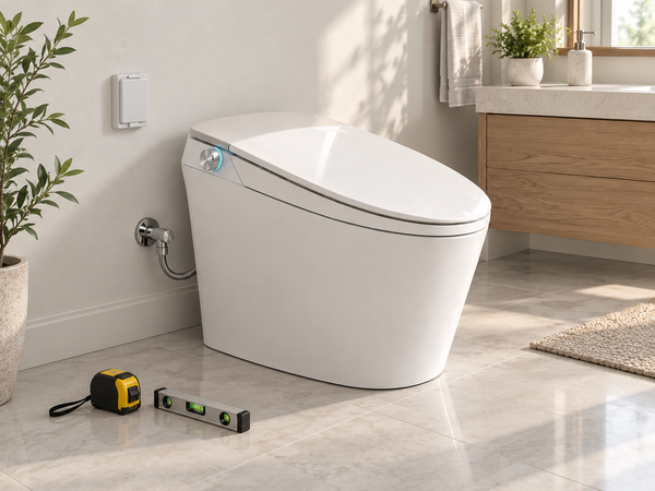 Compact tankless smart toilet beside a dry service valve and protected outlet in a bathroom installation planning scene.