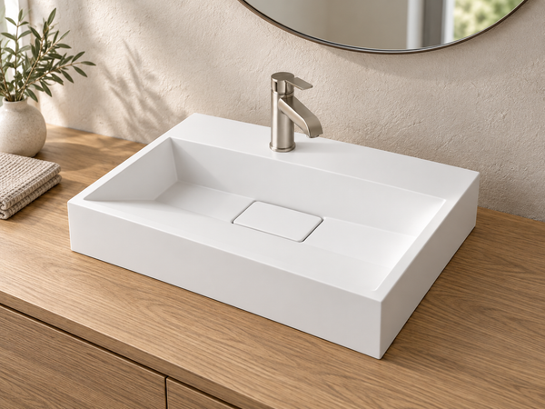 Matte white solid surface rectangular vessel basin supported on a timber bathroom vanity.