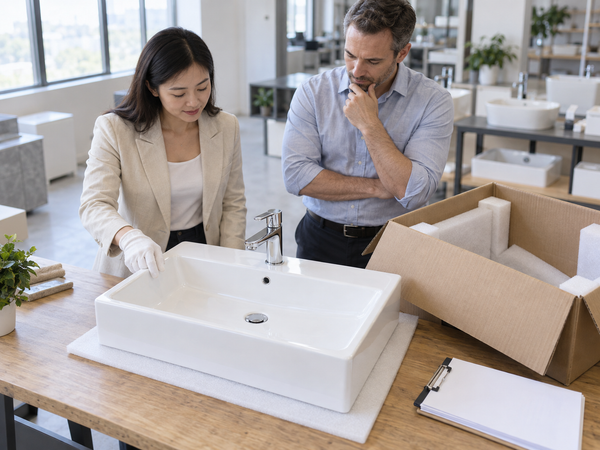 Buyer and supplier reviewing a ceramic basin sample, chrome faucet and protective packaging on a bright inspection table.
