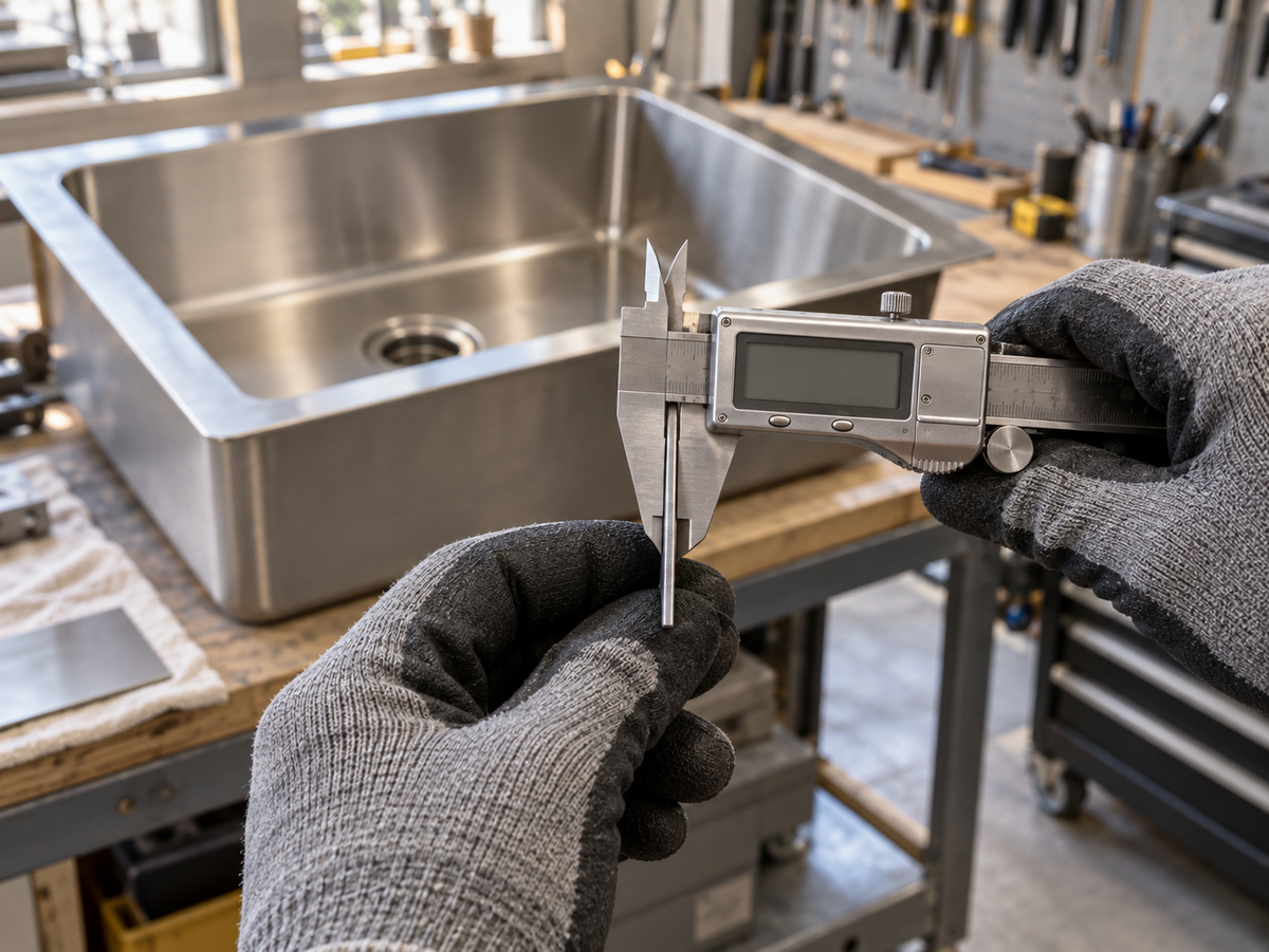 Gloved hands measuring a flat stainless-steel sheet sample with a digital caliper beside a kitchen sink.