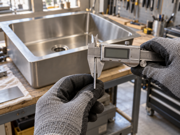 Gloved hands measuring a flat stainless-steel sheet sample with a digital caliper beside a kitchen sink.