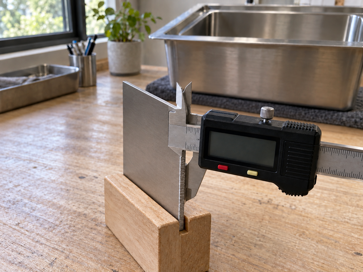 Caliper checking a flat stainless steel wall-sheet sample beside a sink on padded inspection supports.