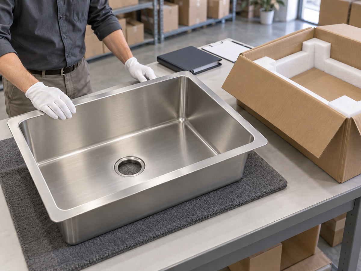 Procurement sample inspection of a stainless steel sink beside fitted protective shipping packaging.