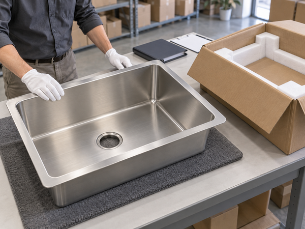Procurement sample inspection of a stainless steel sink beside fitted protective shipping packaging.