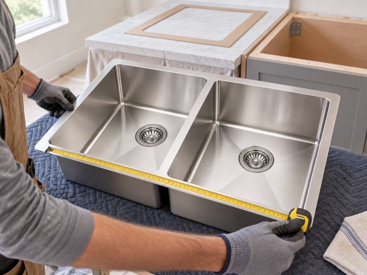 Tradesperson measuring a double-bowl stainless sink alongside an open base cabinet before fabrication.