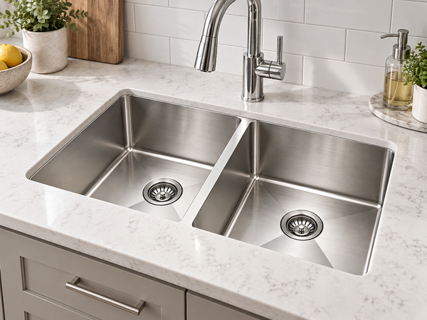 Equal double-bowl stainless sink installed below a quartz countertop with the undermount junction visible.