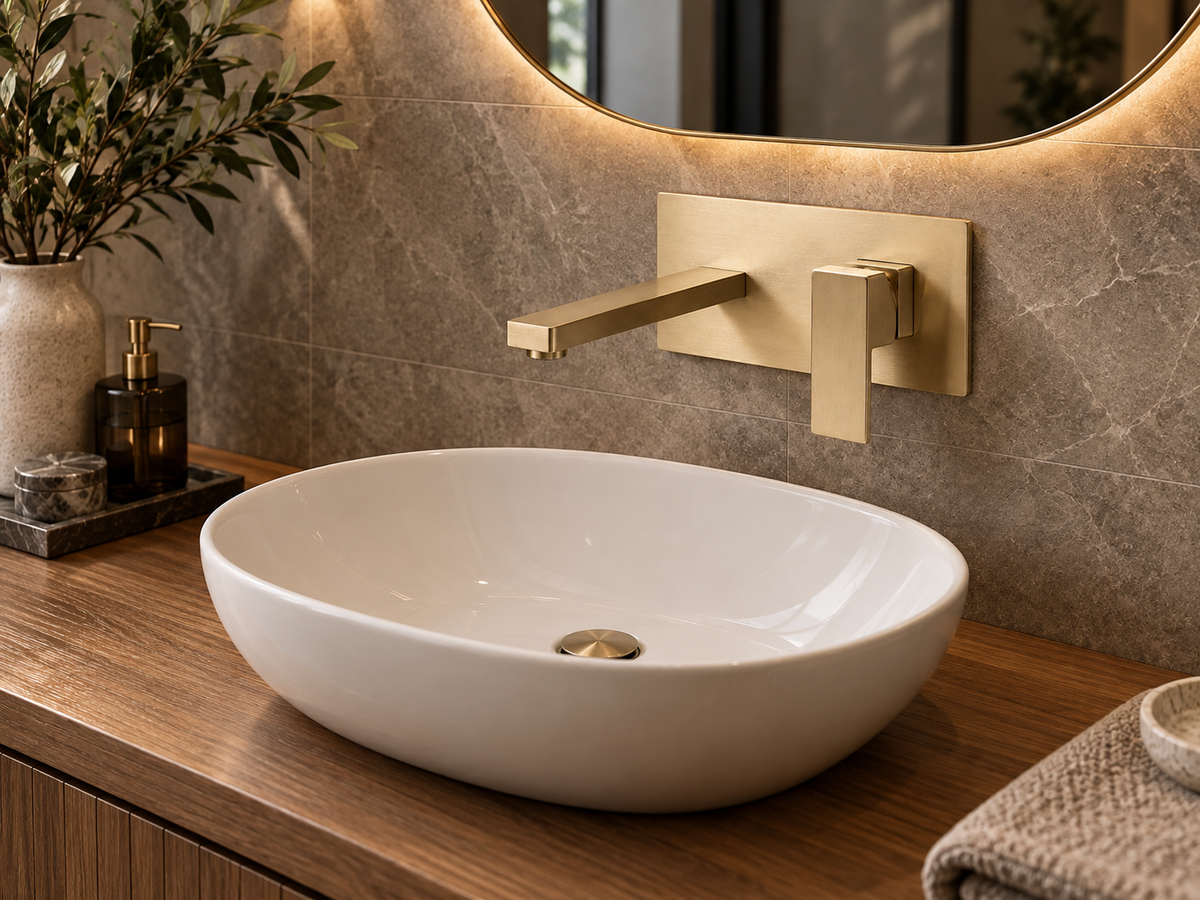 Brushed gold wall-mounted faucet with a square spout and single lever paired with a white vessel basin.