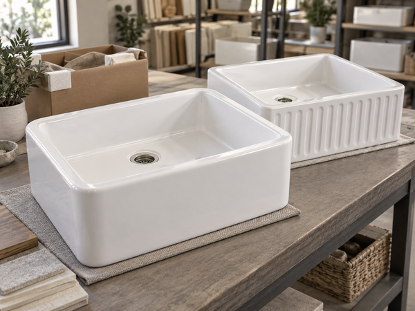 Smooth and fluted white fireclay apron-front sink samples on a supplier review table with protective packaging.