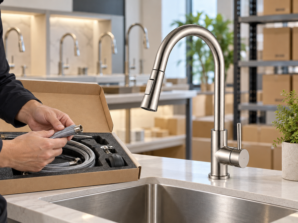 Pull-down kitchen faucet sample with protective packaging during a wholesale assortment review.