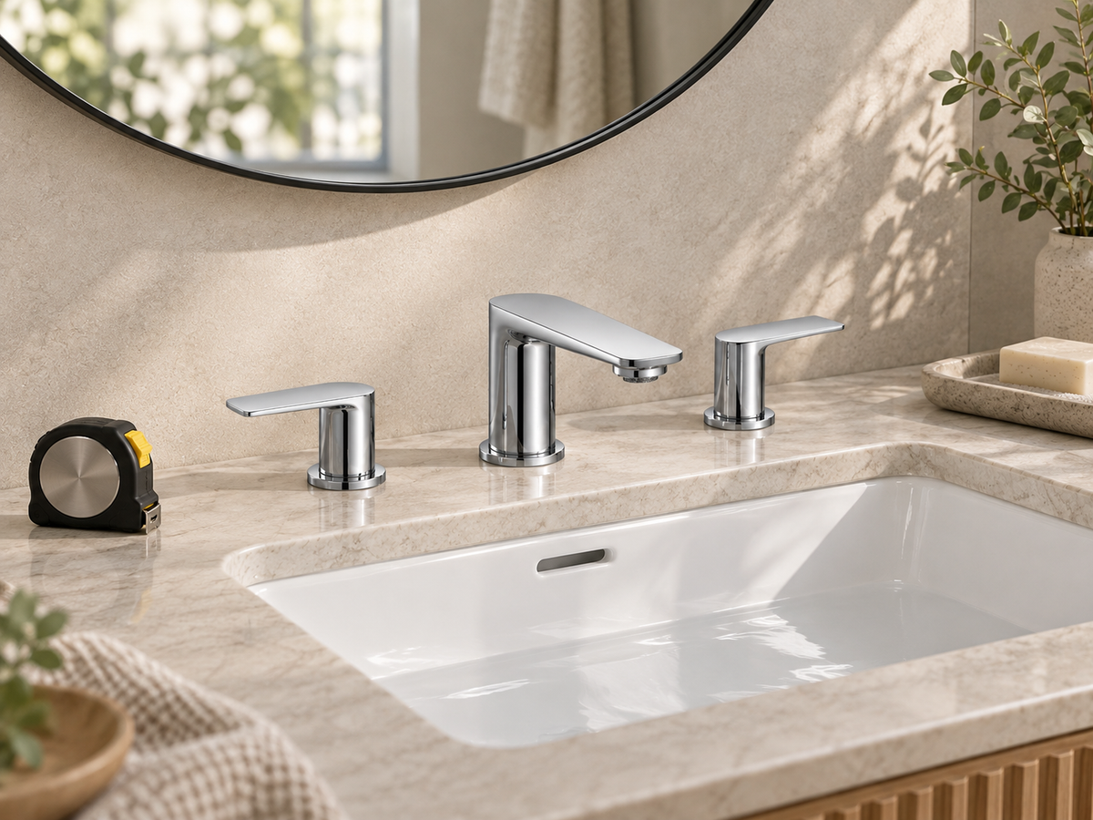 Three-piece chrome widespread bathroom faucet with separate lever handles and a tape measure nearby for installation planning.