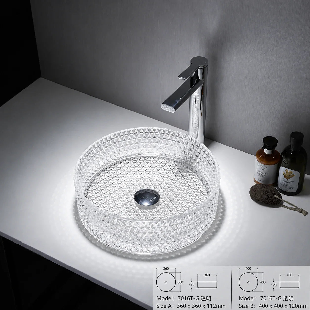 SANIKB GL01 round diamond-cut clear glass vessel sink