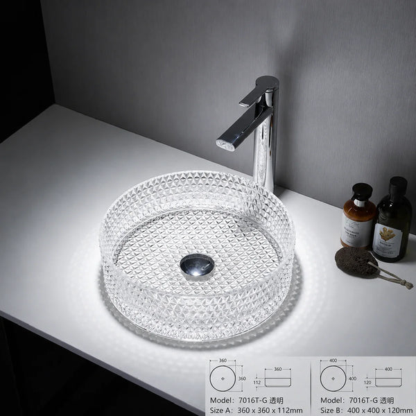 SANIKB GL01 round diamond-cut clear glass vessel sink