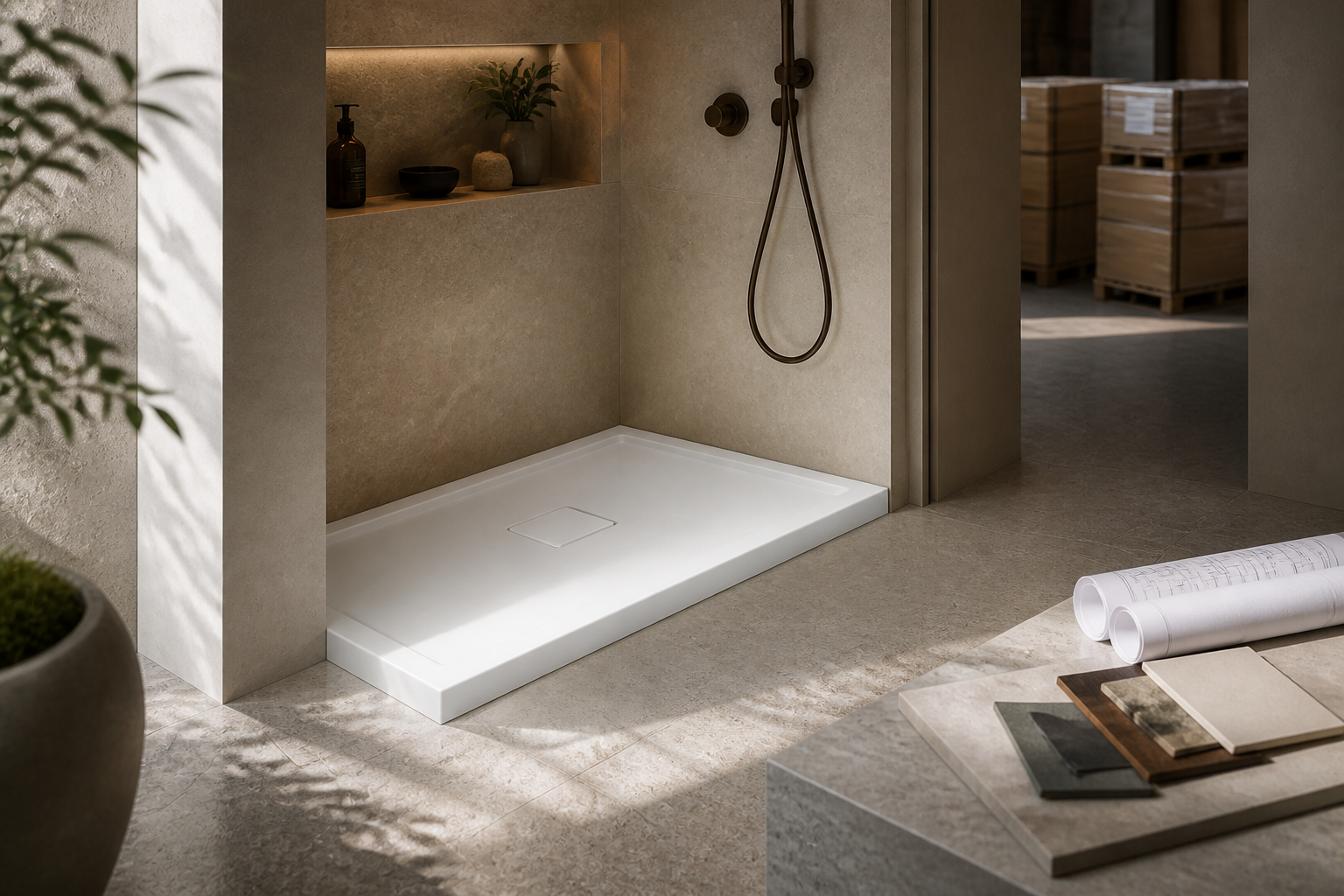 White low-profile SANIKB BA-series shower base in a hospitality bathroom mock-up with specification plans and export-ready cartons in the background.
