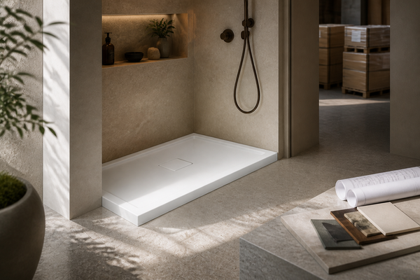 White low-profile SANIKB BA-series shower base in a hospitality bathroom mock-up with specification plans and export-ready cartons in the background.