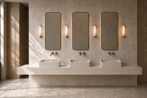 Three matching fluted concrete vessel basins installed across a premium boutique-hotel vanity.