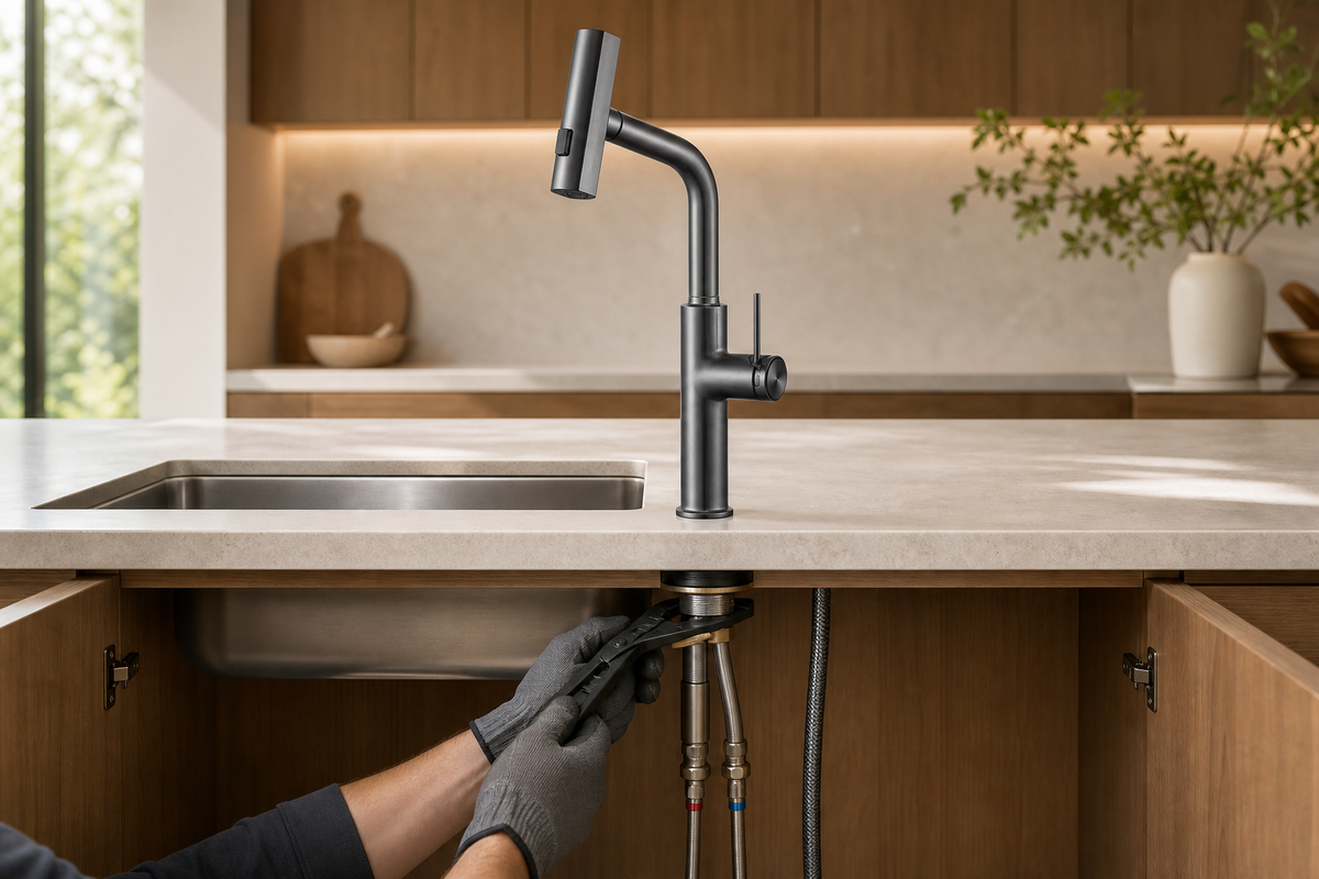 Installer securing a gunmetal pull-out kitchen faucet above and below a stone countertop.