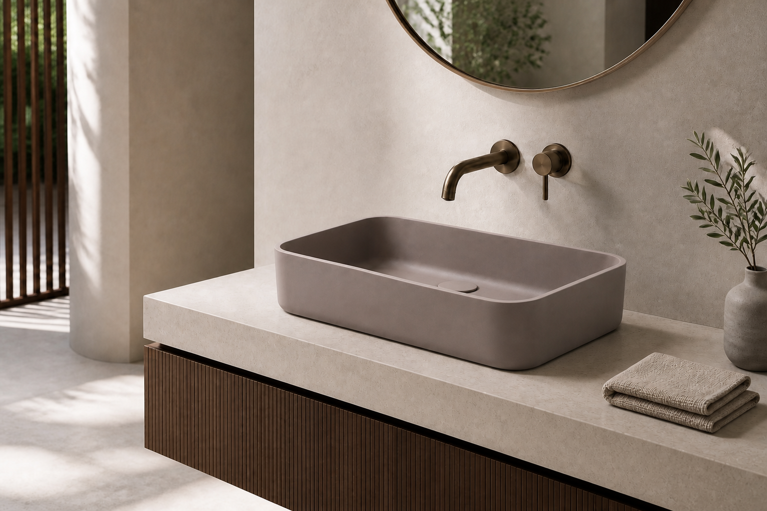 Warm putty concrete rounded-rectangle vessel basin in a softly lit minimalist hospitality bathroom.