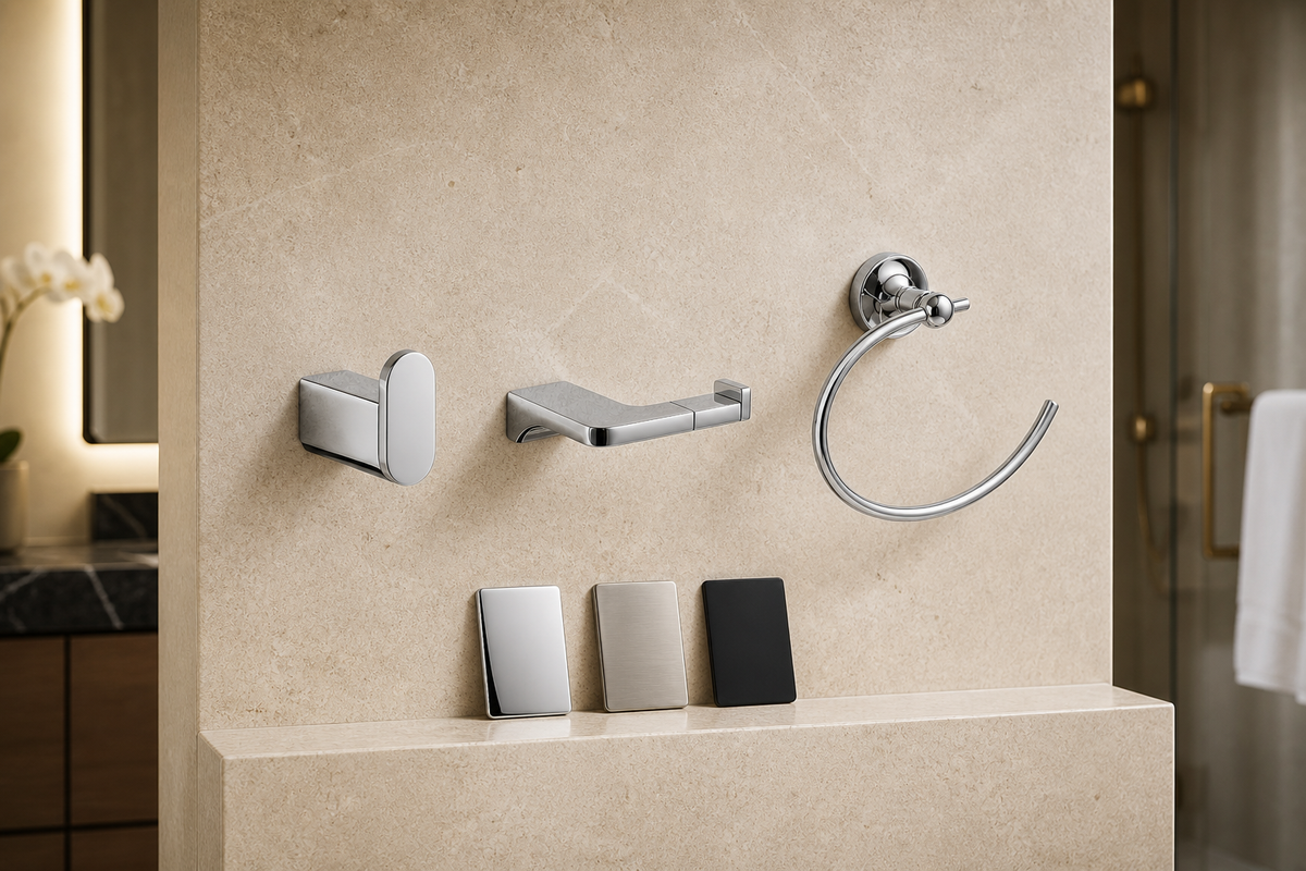 Single and double chrome robe hooks, a chrome towel ring and chrome, brushed-nickel and matte-black finish samples on limestone.