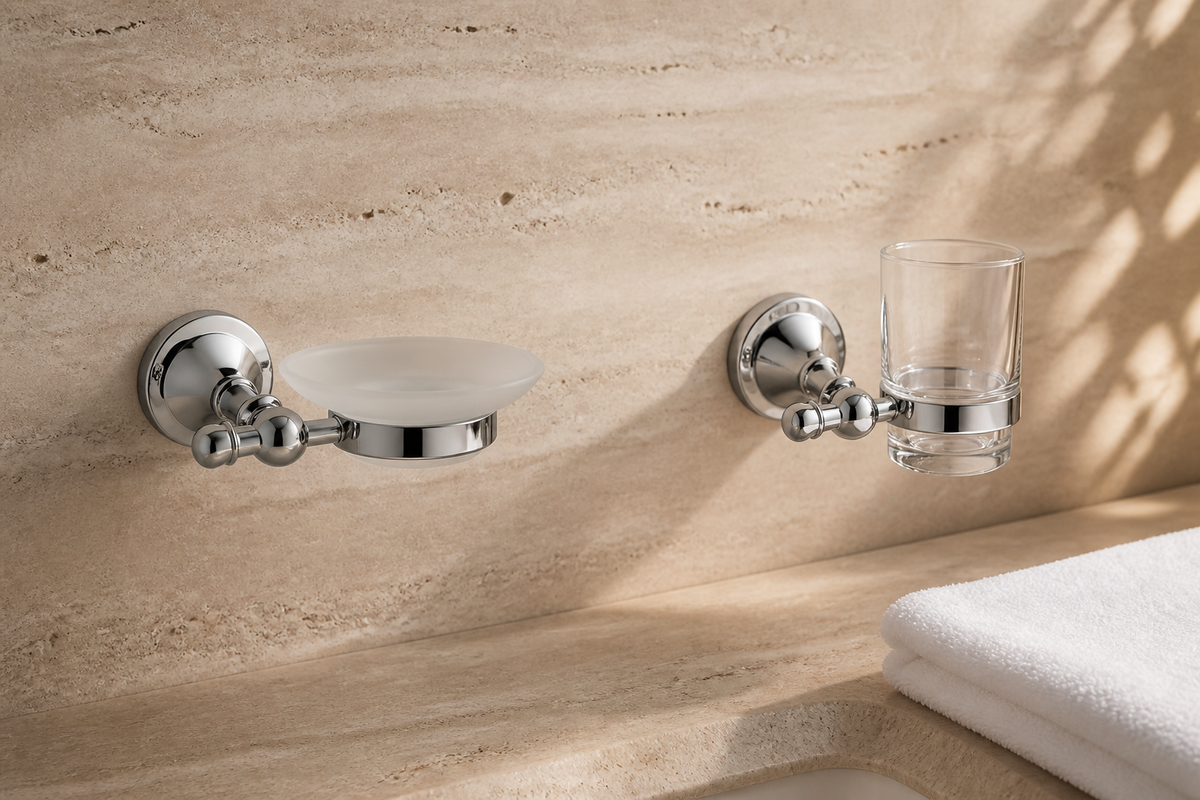 Independent chrome wall-mounted soap dish and single tumbler holder coordinated on a travertine hotel bathroom wall.