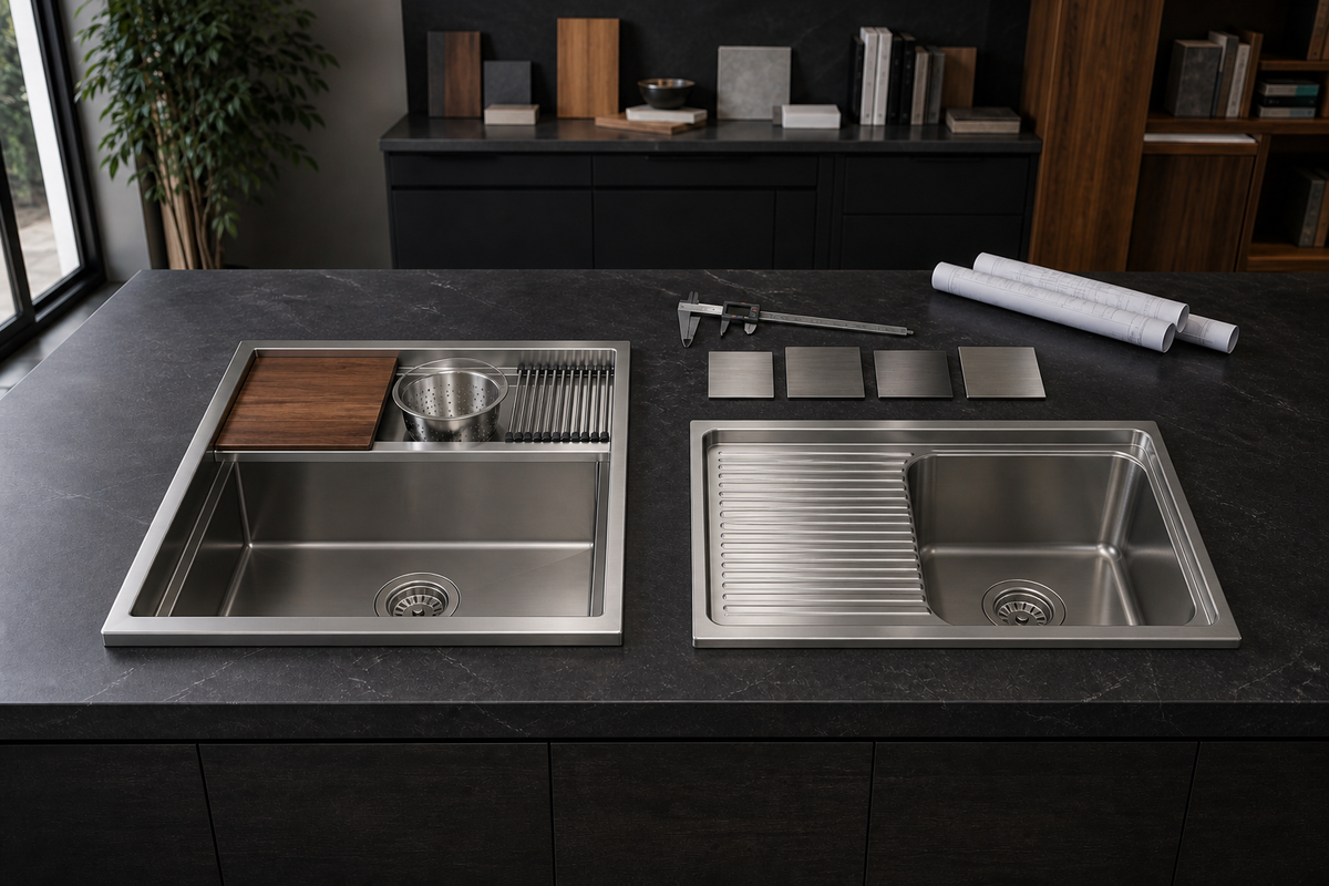 Side-by-side stainless-steel workstation ledge sink and integral drainboard sink with accessory samples and a specification caliper.