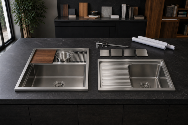Side-by-side stainless-steel workstation ledge sink and integral drainboard sink with accessory samples and a specification caliper.