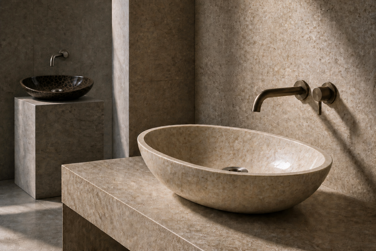 Cream oval natural-stone vessel basin with a dark marble basin in a refined stone material gallery.