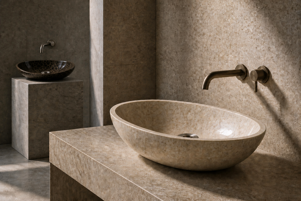 Cream oval natural-stone vessel basin with a dark marble basin in a refined stone material gallery.