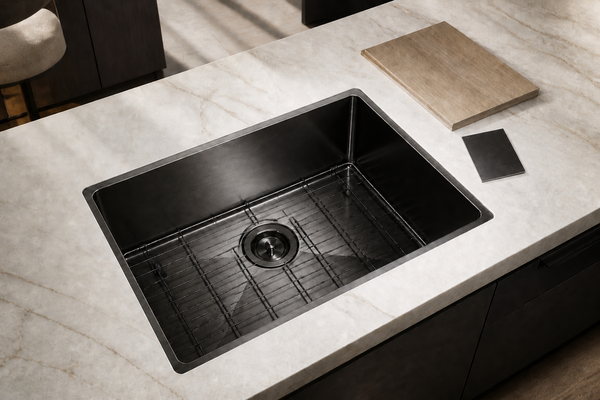 Metallic black PVD stainless undermount sink with bottom grid and a dark finish approval coupon