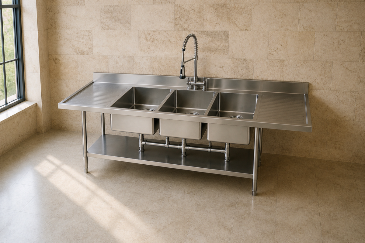 Commercial three-compartment stainless steel warewashing sink with three visible drains and dual drainboards.