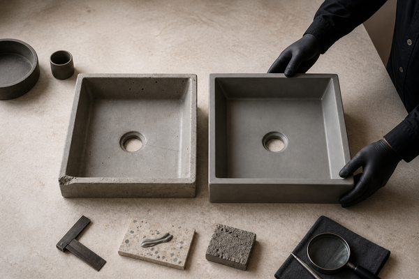 A defect-marked DIY concrete basin is compared with a smooth professionally cast basin on a material inspection table.