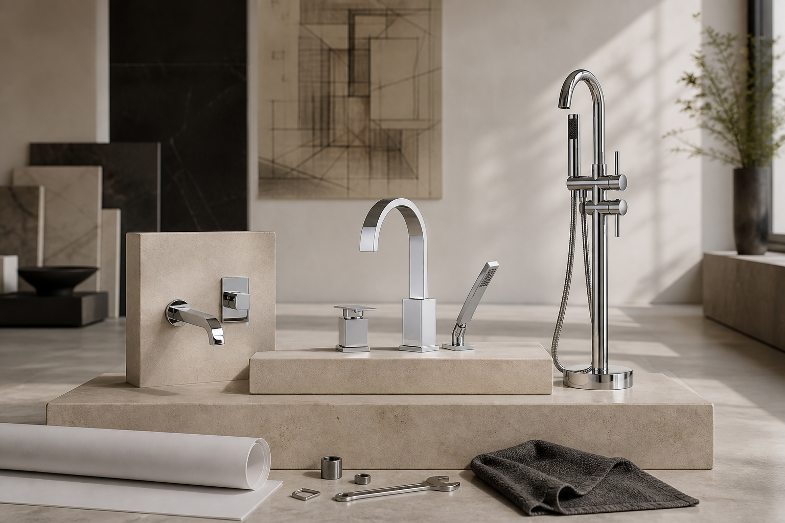 Wall-mount tub spout, Roman deck-mount faucet and freestanding tub filler arranged in an architect material mock-up