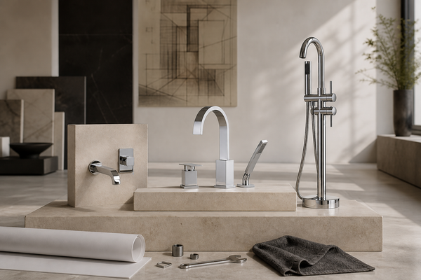 Wall-mount tub spout, Roman deck-mount faucet and freestanding tub filler arranged in an architect material mock-up