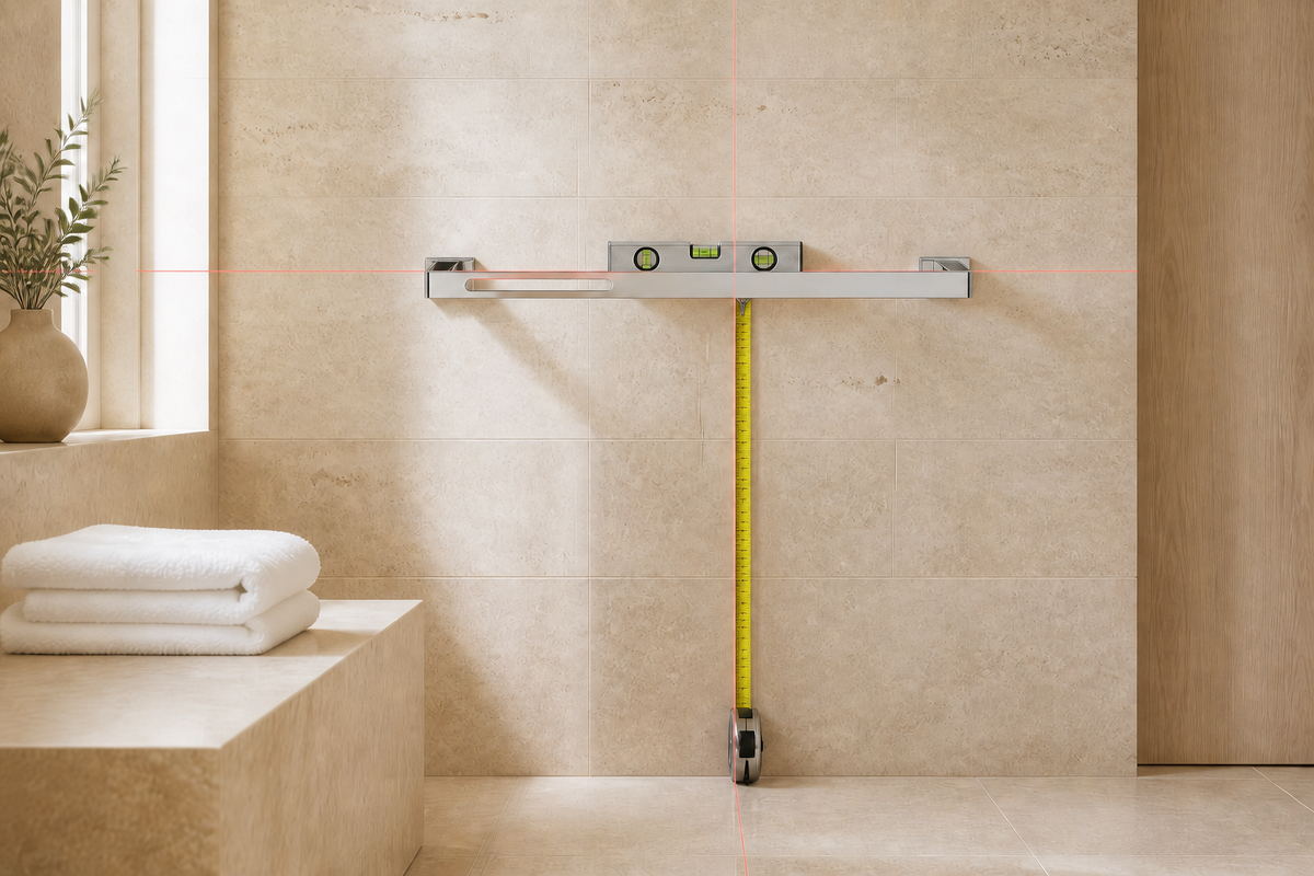 Towel bar mounted on limestone with a level, floor-referenced measuring tape and laser alignment guides