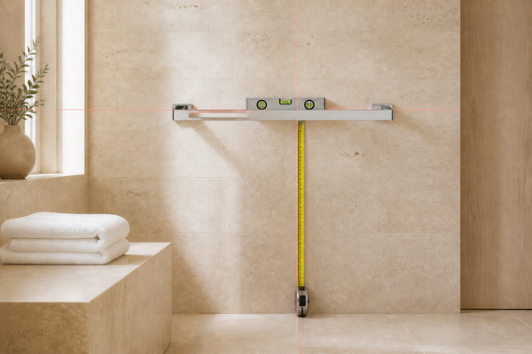 Towel bar mounted on limestone with a level, floor-referenced measuring tape and laser alignment guides