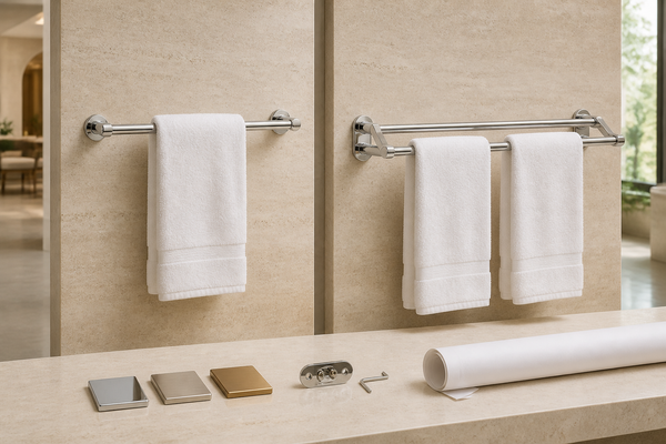 A hospitality specification display compares one complete single towel bar with one complete double towel bar.