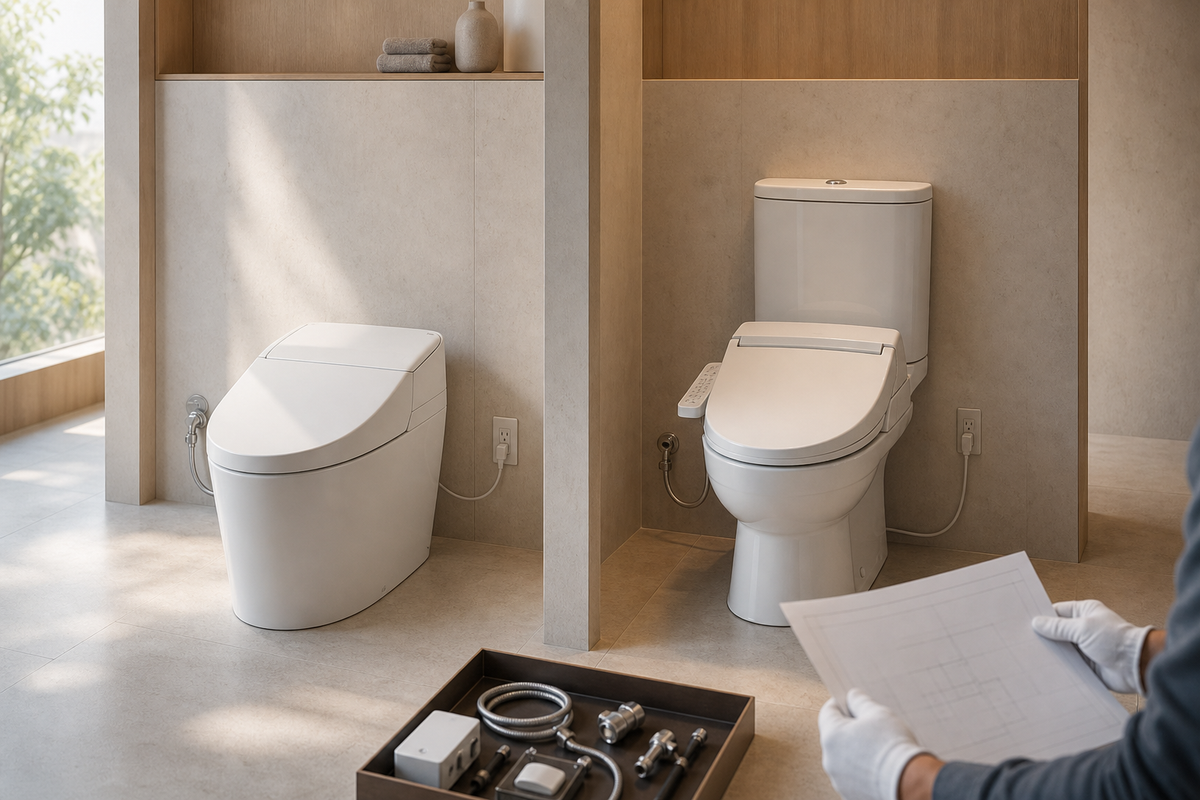 Facilities buyer compares a complete integrated smart toilet with a conventional toilet fitted with an electronic bidet seat in two project mock-up bays.
