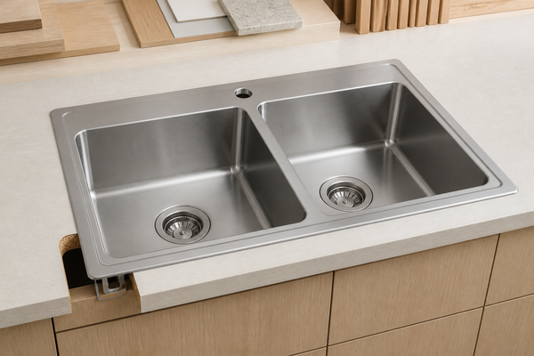 Equal double-bowl top-mount stainless sink with a continuous self-rimming deck and hold-down clip detail on a pale countertop