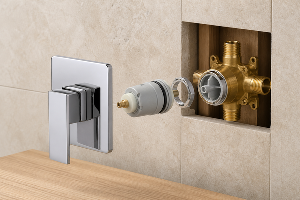 Exploded shower faucet assembly showing chrome trim, cartridge, retaining bonnet and brass rough-in valve at a tiled wall